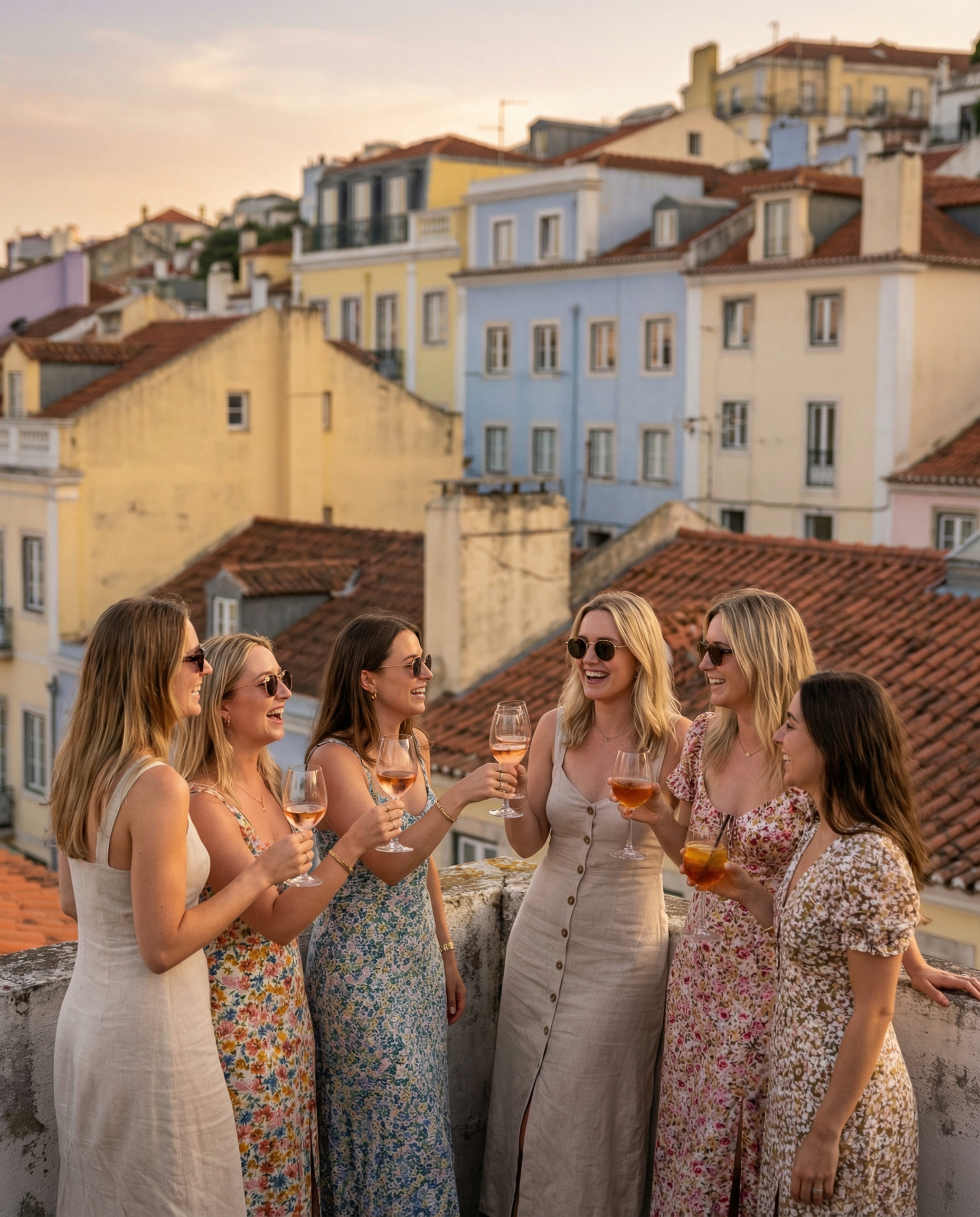 Group of women having drinks on a Lisbon rooftop during a hen party
