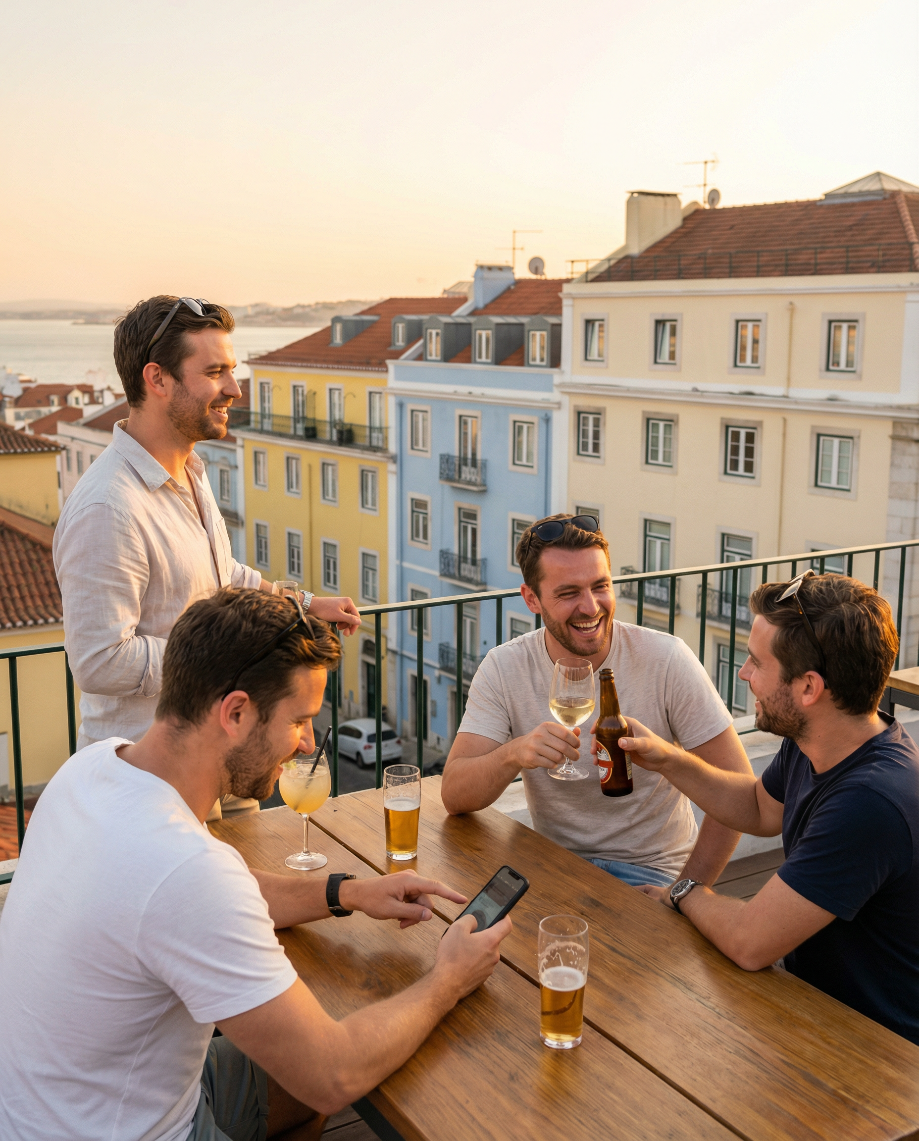 Group of friends enjoying Lisbon nightlife in a busy bar street