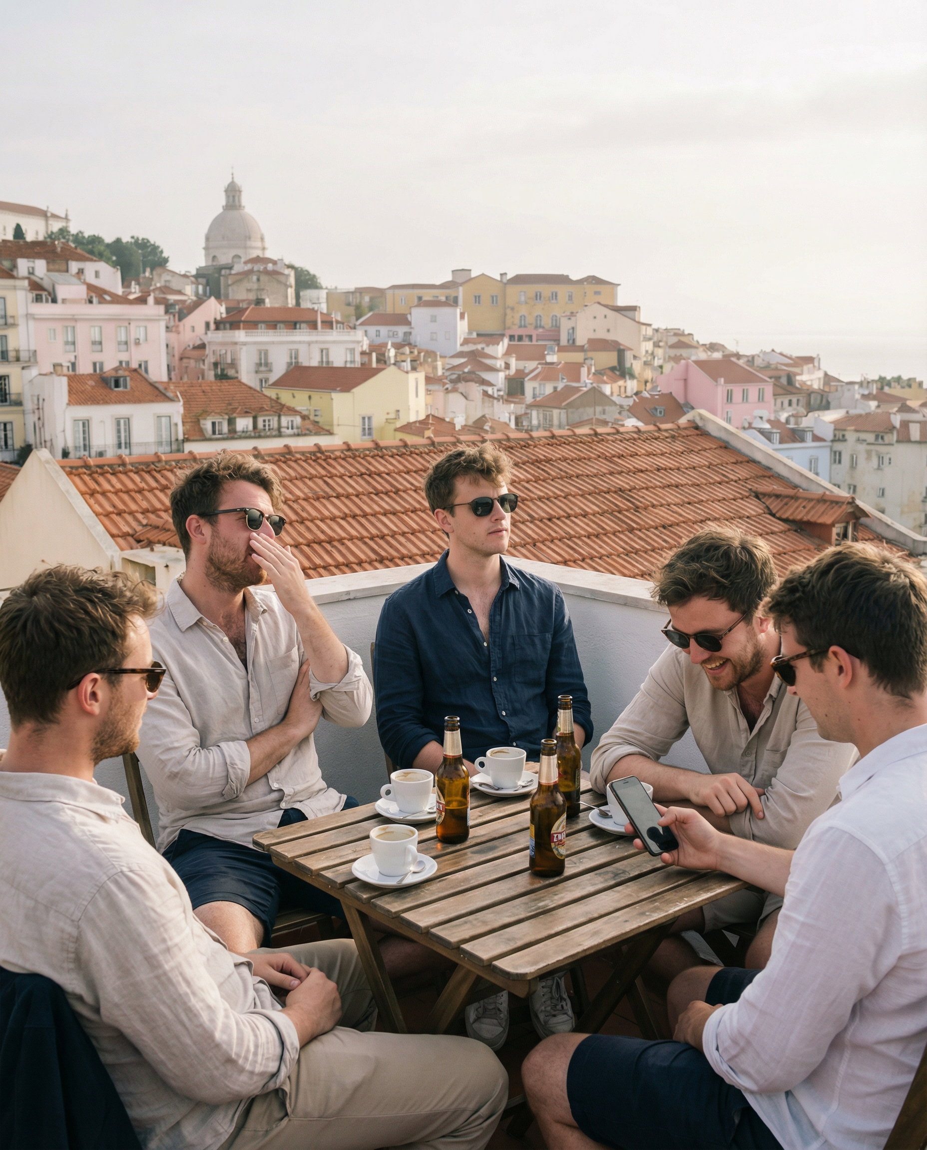 Group of men having drinks on a Lisbon terrace during a stag weekend