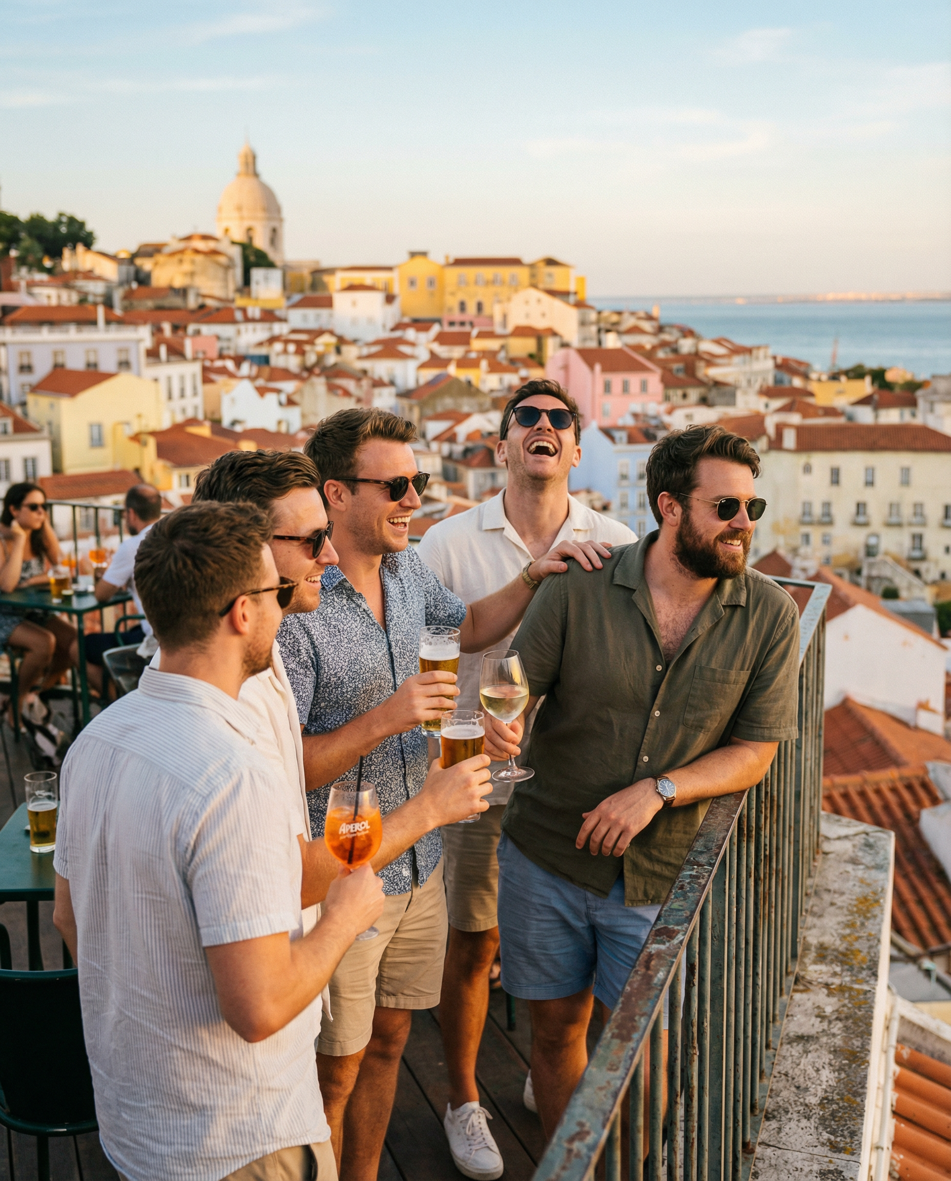 Group of men having drinks on a Lisbon rooftop during a stag weekend