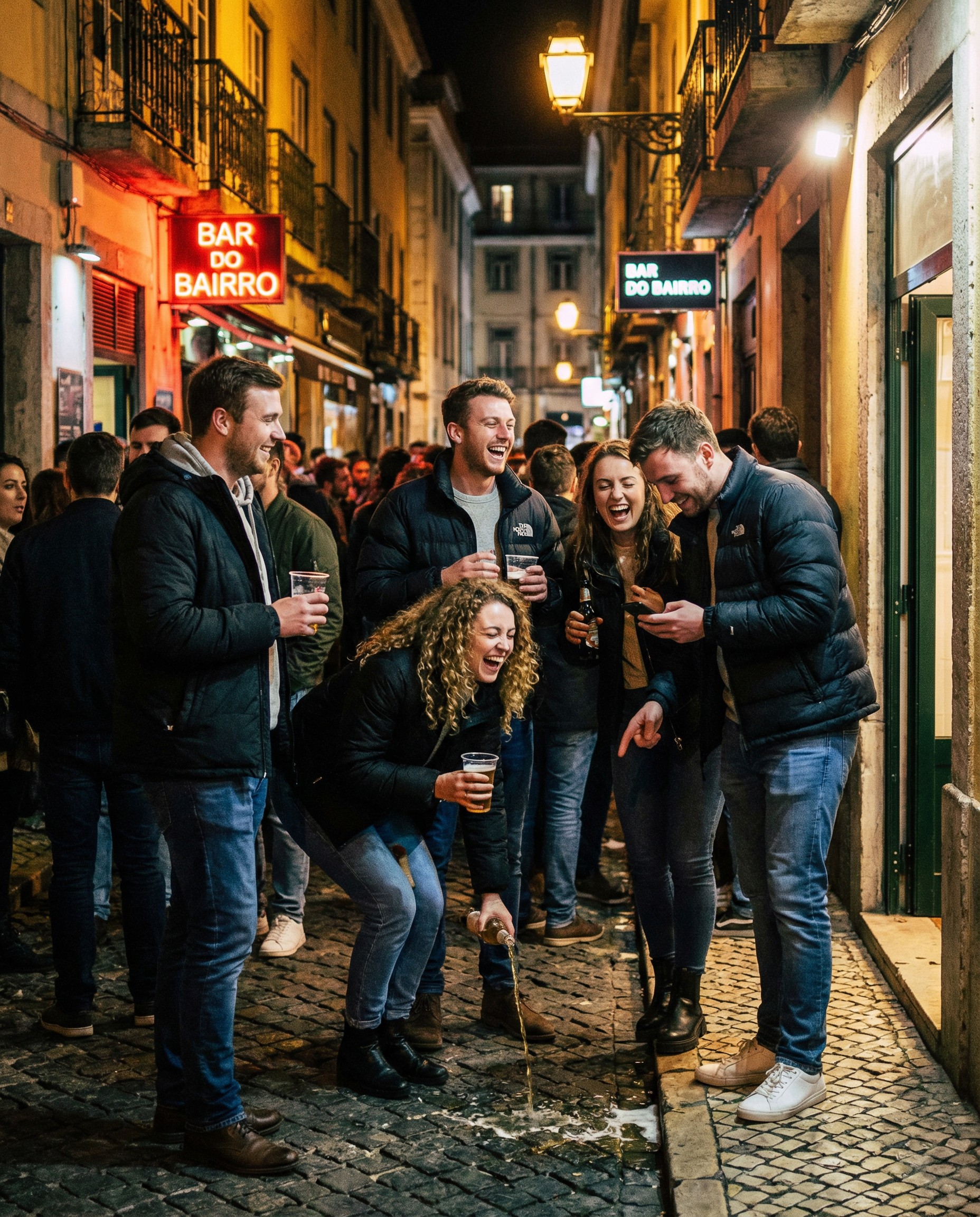 Group of friends walking through Lisbon nightlife during a stag weekend