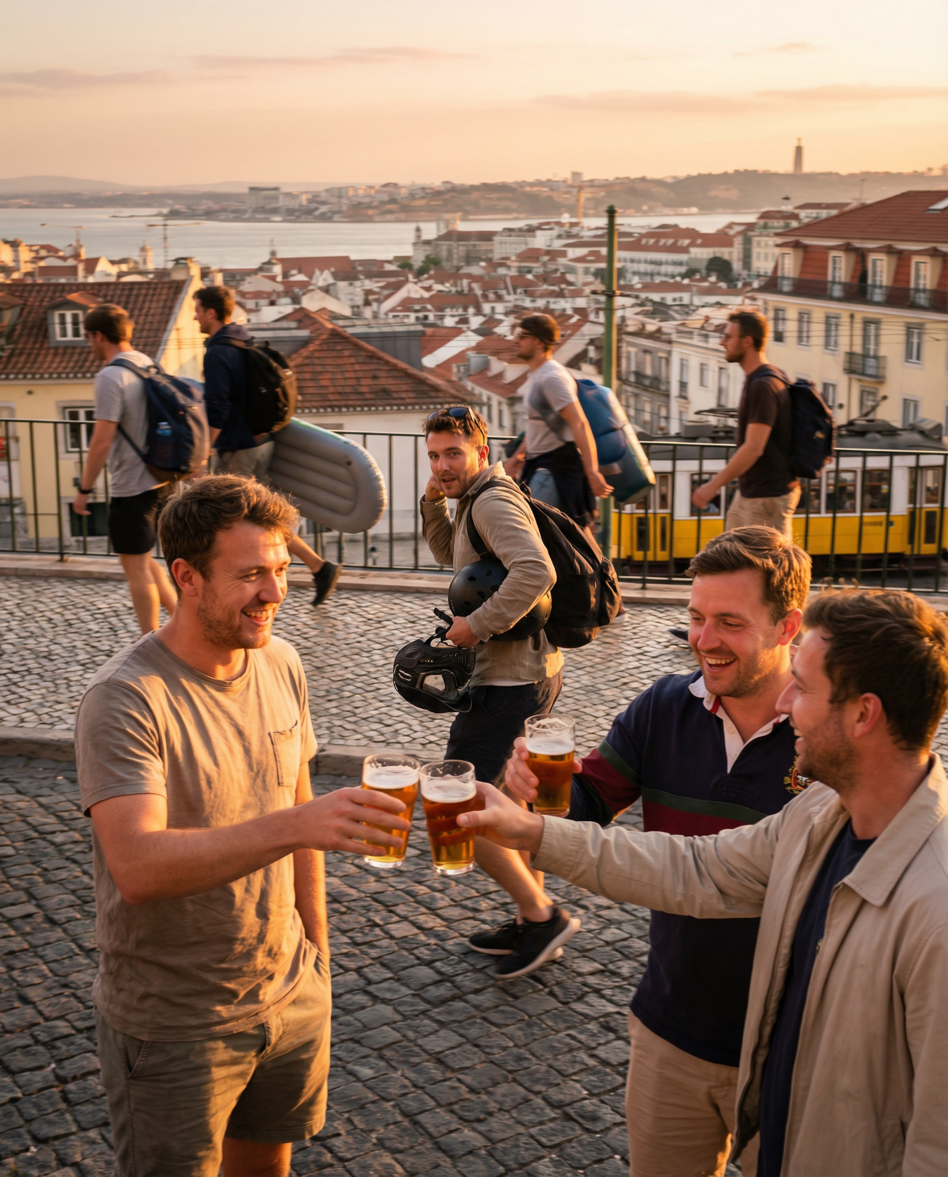 Group of men having drinks on a Lisbon rooftop during a stag weekend